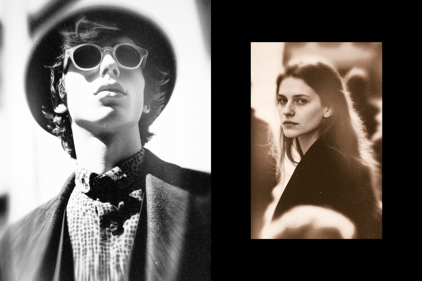 Vintage split layout with woman in round sunglasses on left, sepia portrait on right