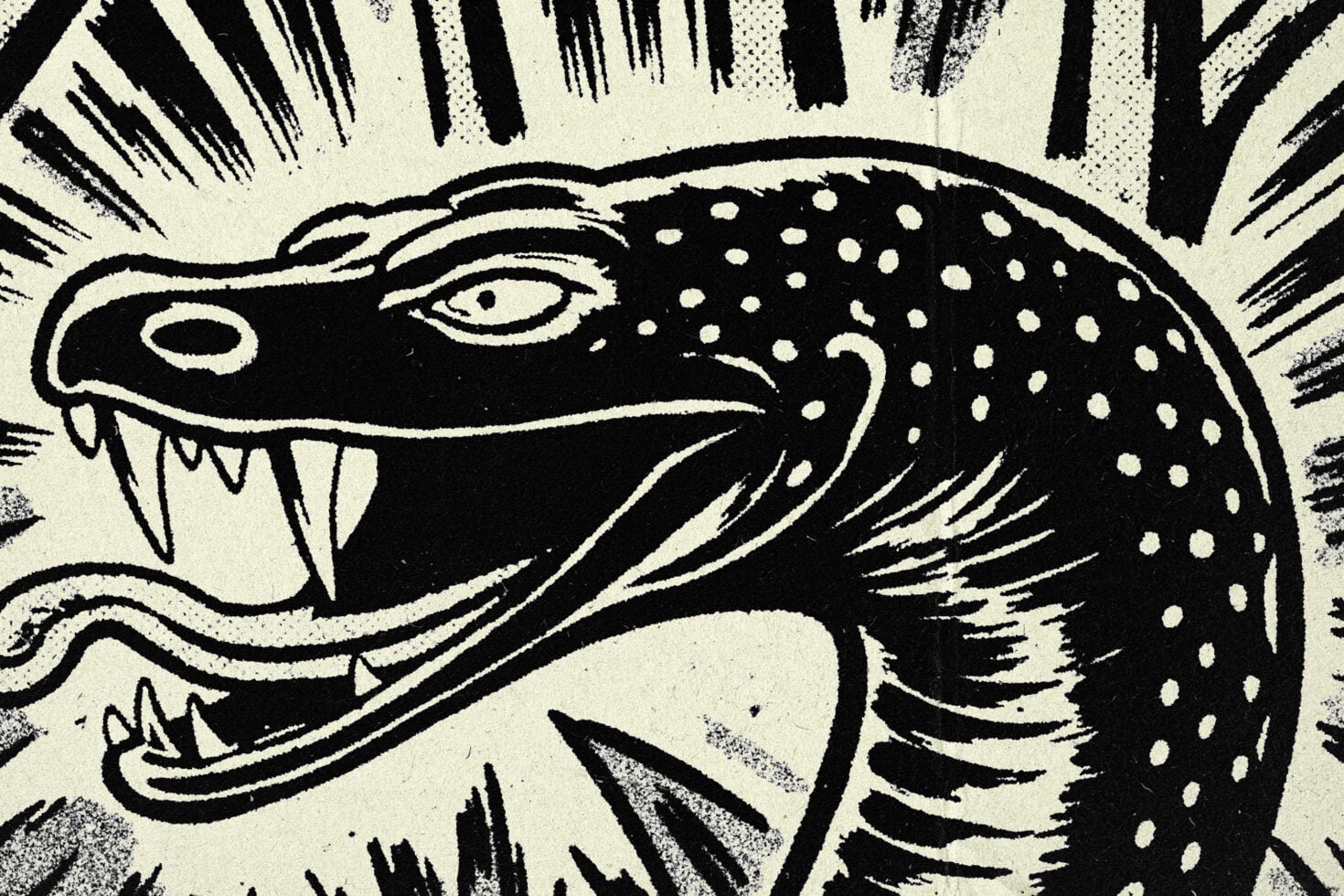 High contrast linocut style crocodile with open jaws in retro print aesthetic