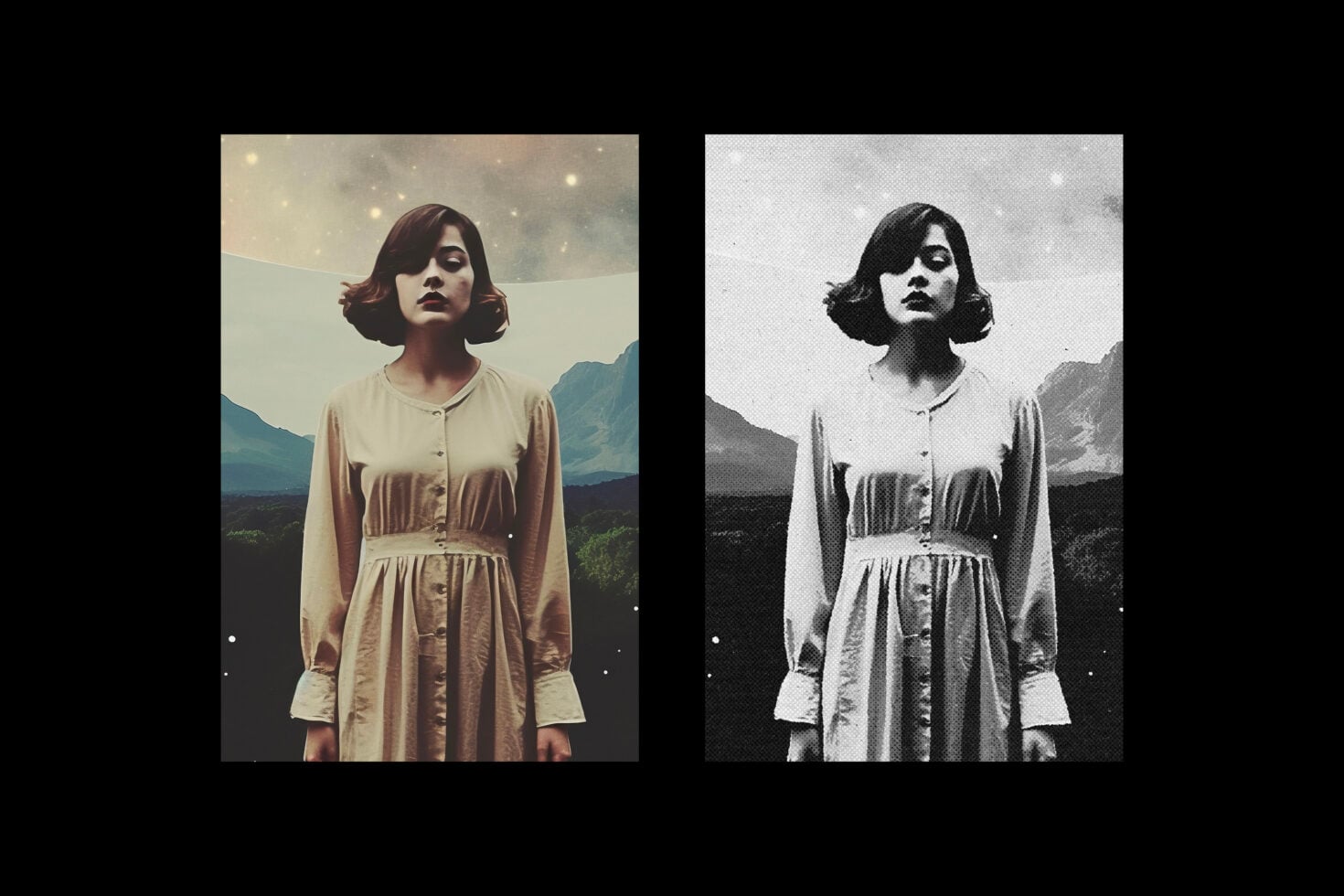 Woman in cream dress standing in mountain landscape, shown in color then desaturated