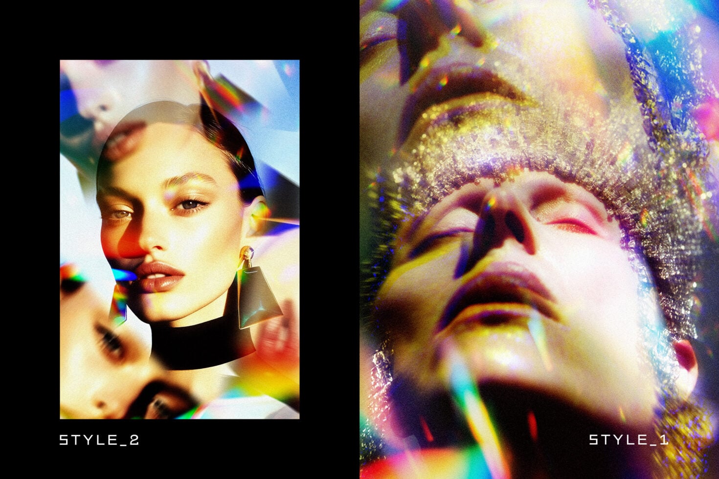 Side-by-side beauty shots with sparkly texture, rainbow flares, chromatic shift effects