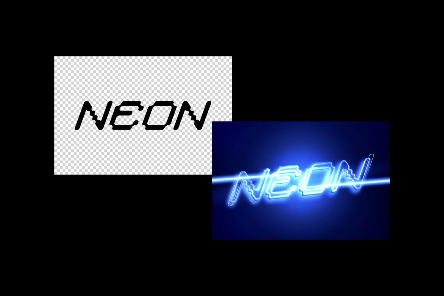 Neon text effect shown in two styles: solid outline on transparent, glowing blue version