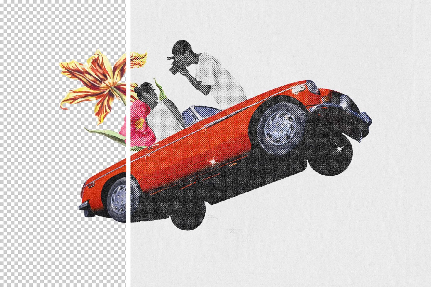 Retro halftone car illustration with two people inside, colorful flowers on left side
