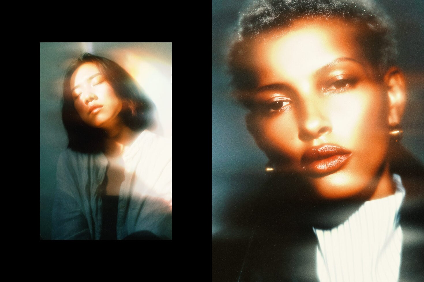Blurred film grain portraits with warm orange glow on teal background