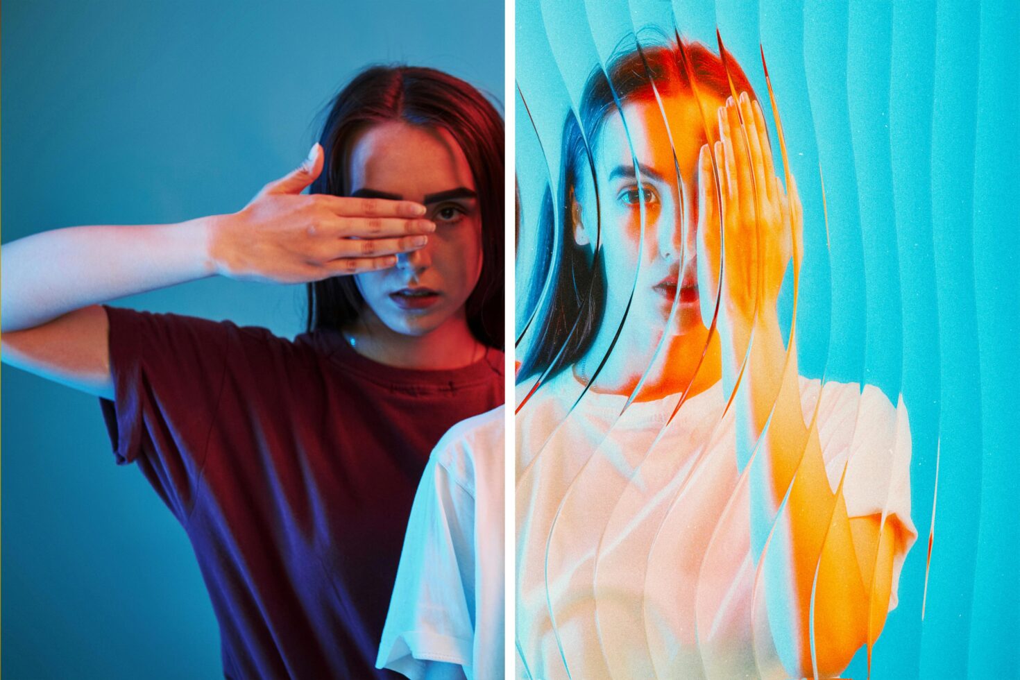Double exposure portrait with colorful light streaks, left side showing girl covering eye, right side layered with warm gradient