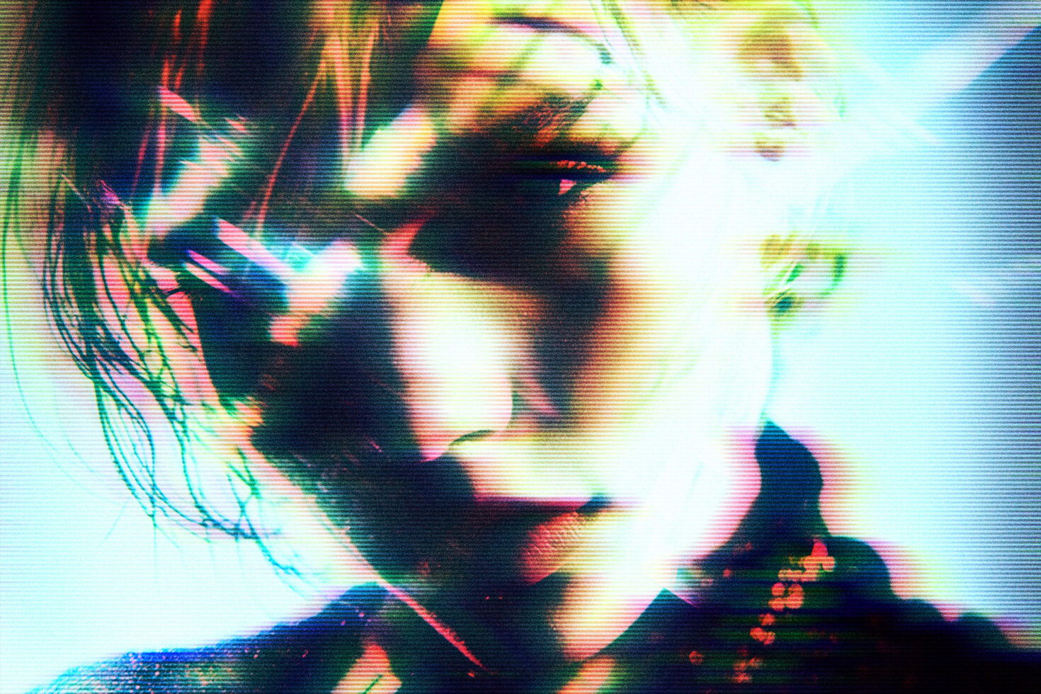 Close up face with heavy scan lines, RGB chromatic aberration effect