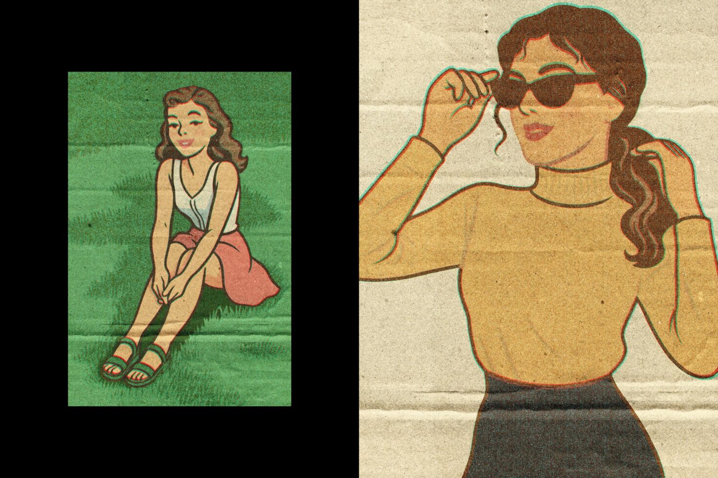 Vintage retro illustrations of two women in mid-century style poses