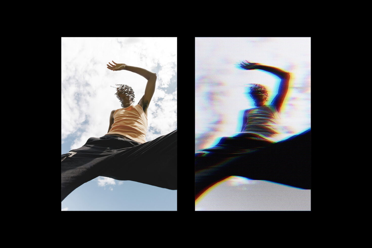 Before-after jump pose comparison, clean shot on left with glitchy scanline version on right
