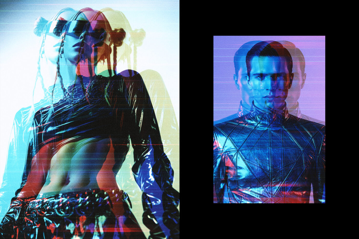 Double exposure portraits with neon scanlines, cyan pink magenta color shifts mixed with texture
