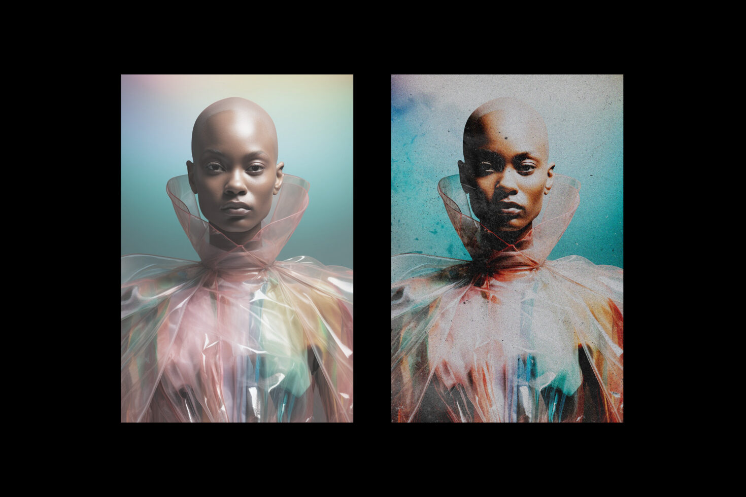Two iridescent portrait renders with geometric shoulder collars side by side