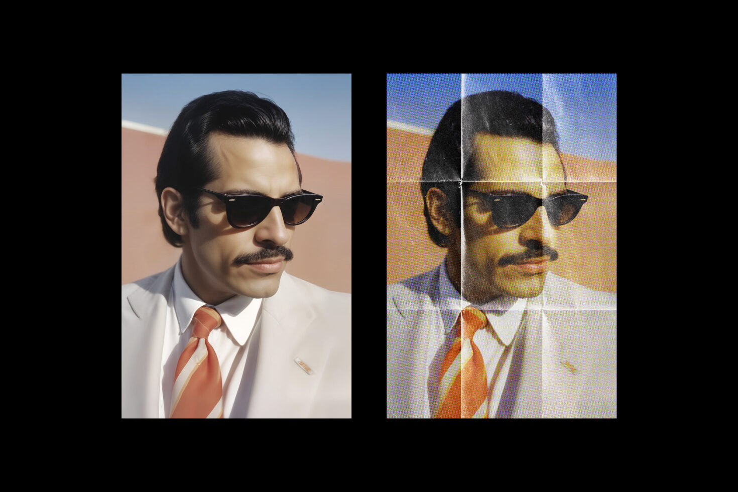 Man in sunglasses shown clean left, right side with retro color shift effect