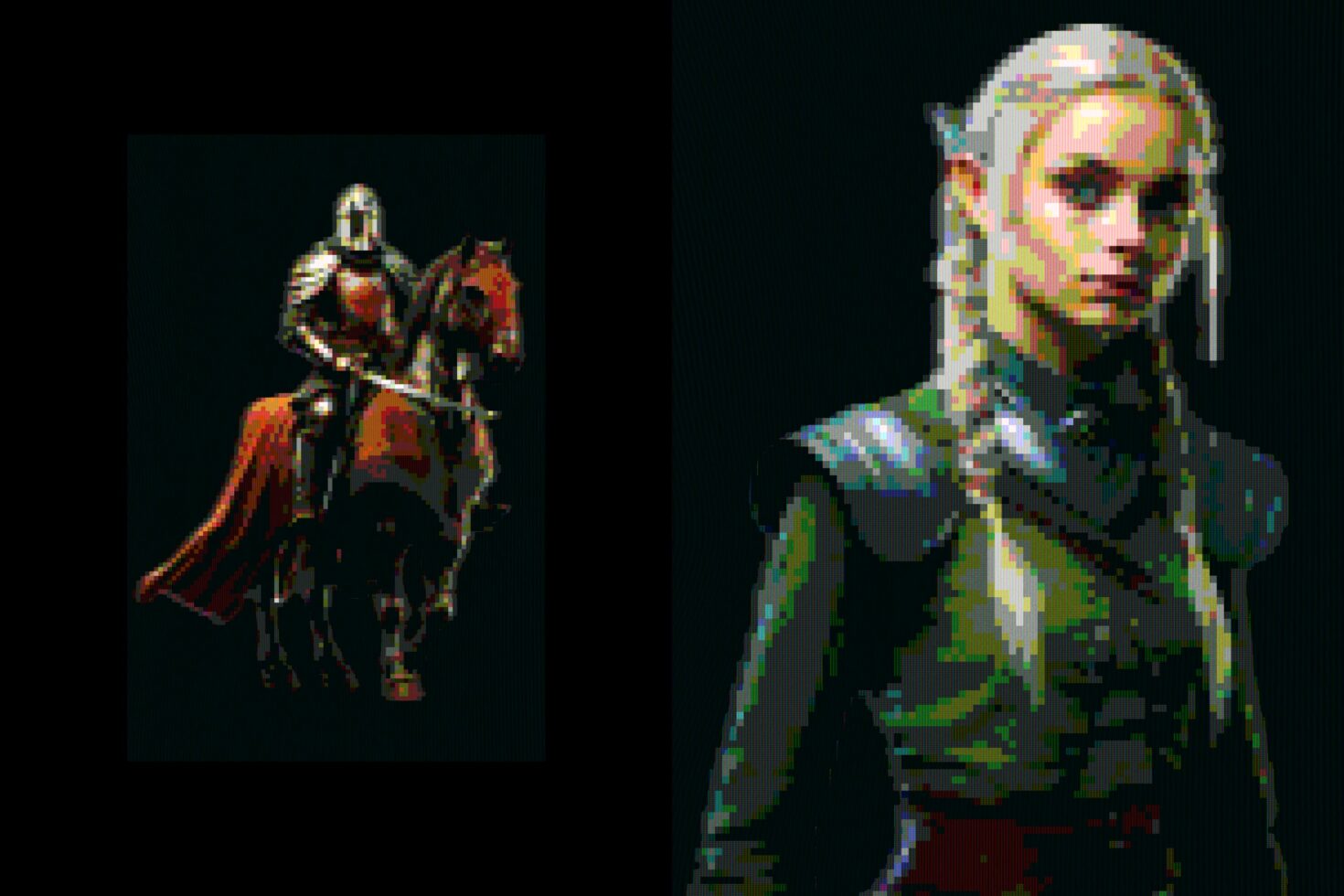 Retro pixel art showing medieval knight on horse plus portrait character