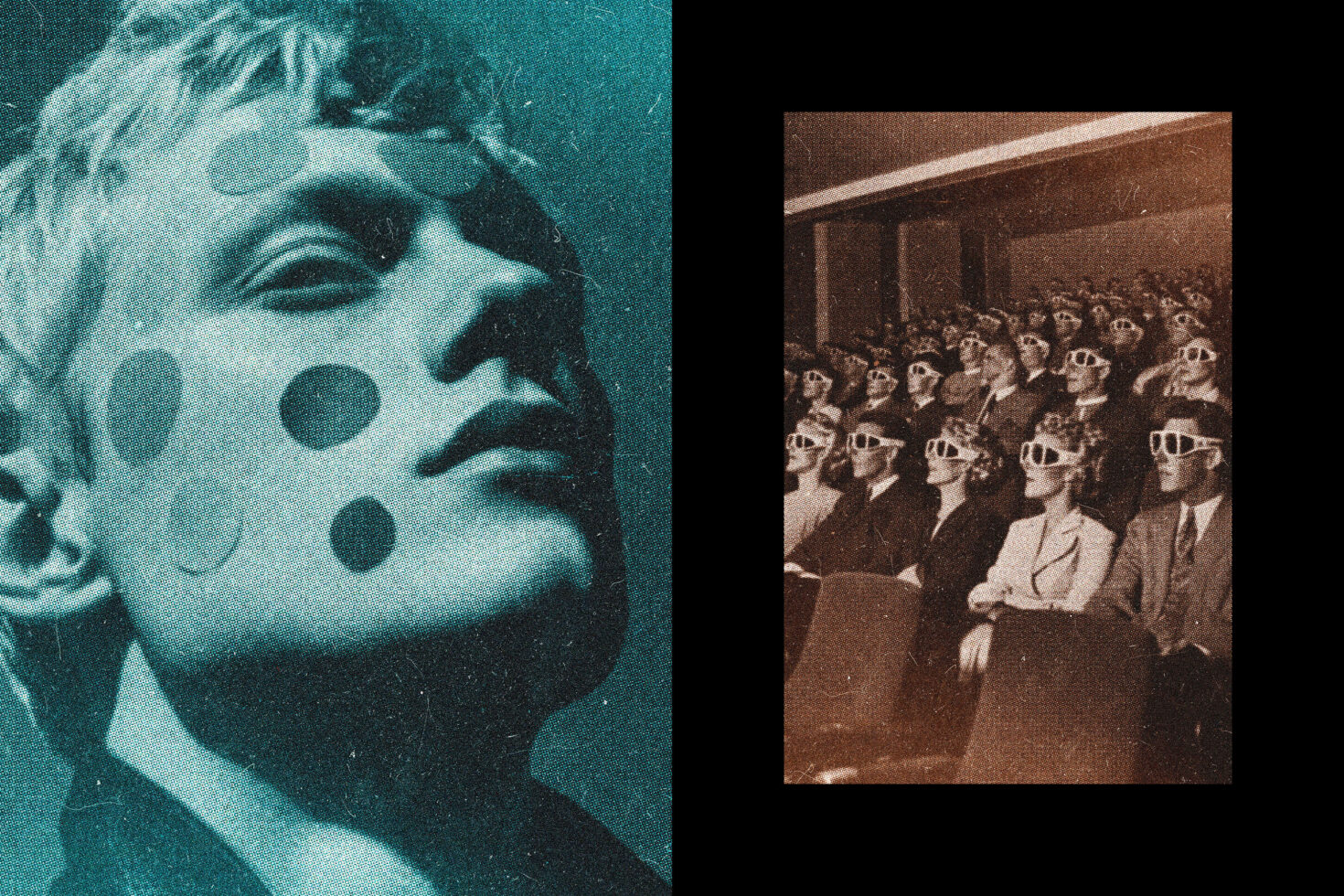 Teal halftone portrait split with vintage 3D movie theater audience scene
