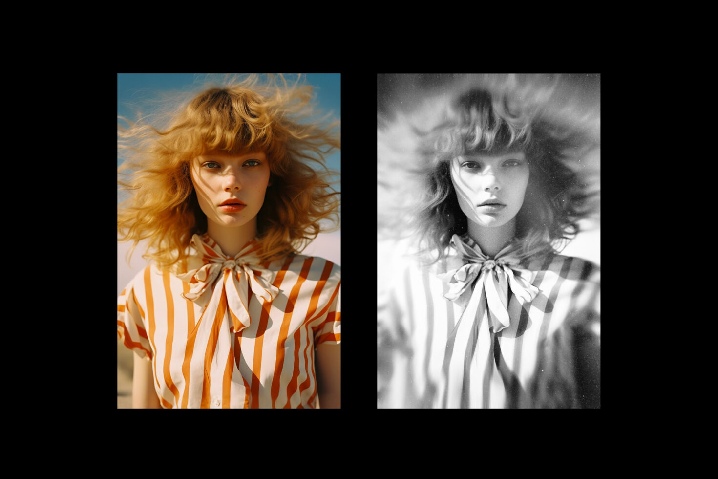 Side by side color photo of girl with wavy hair in striped shirt, black and white version