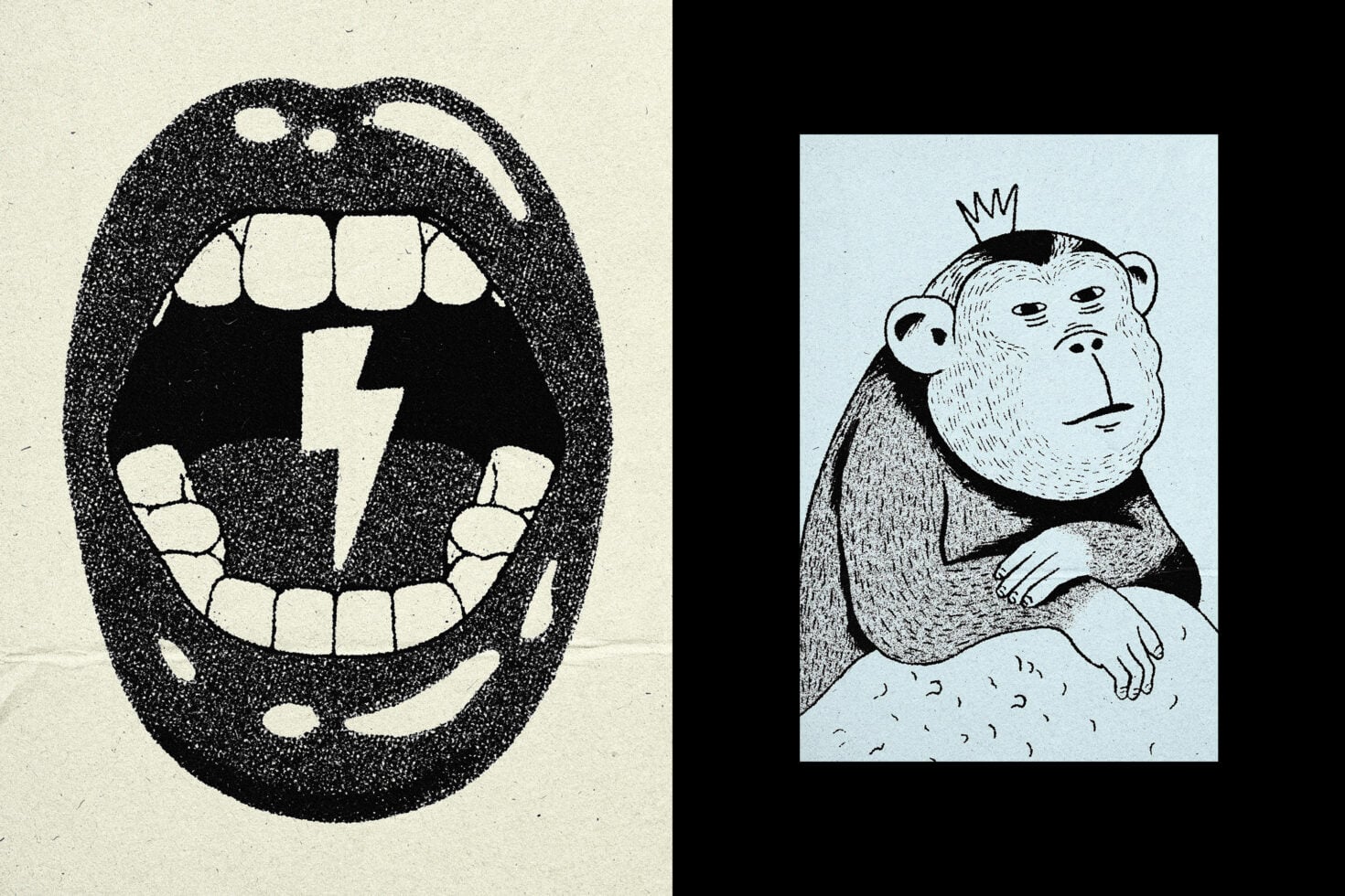 Textured open mouth graphic, monkey character with crown on light background