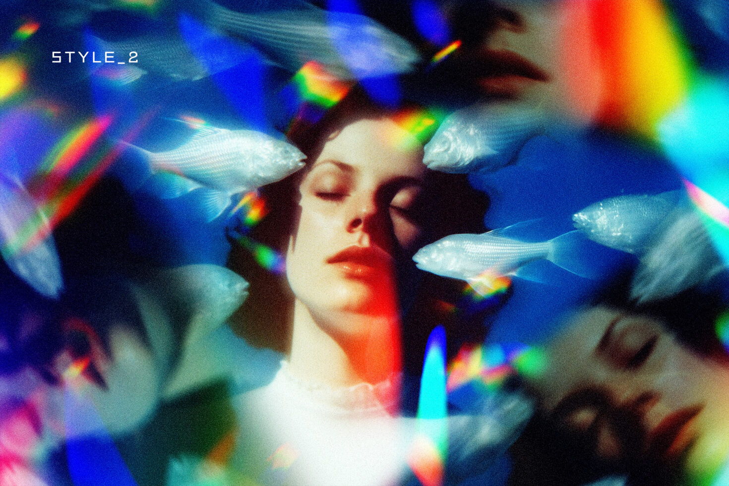 Surreal portrait surrounded by glowing fish with intense chromatic aberration overlay