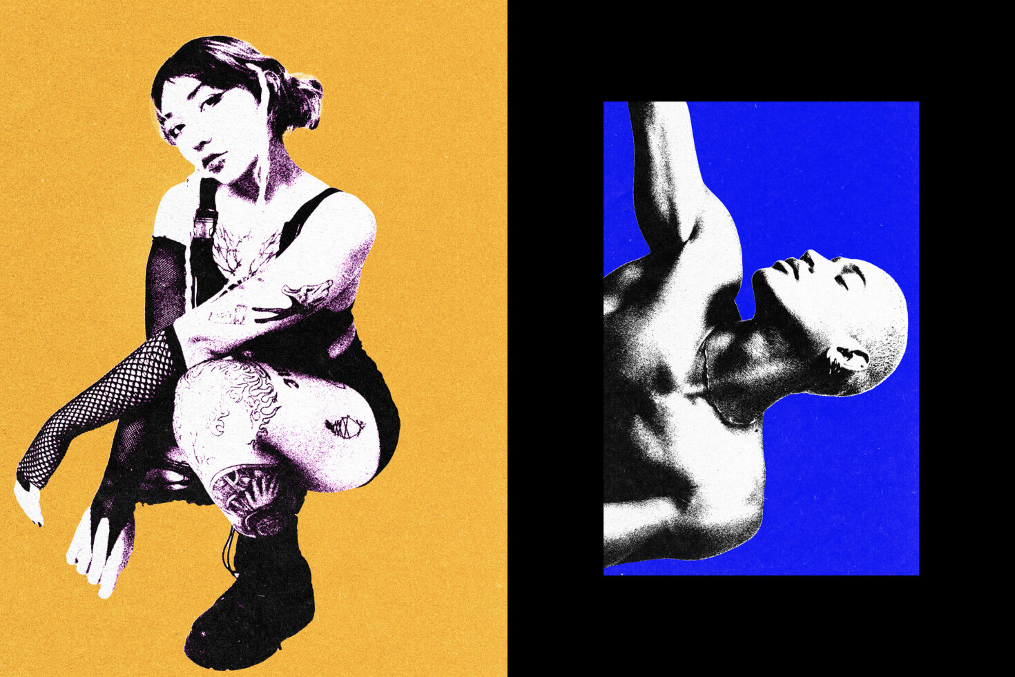 Pop art style diptych with figure in black on yellow left side, abstract face on blue right