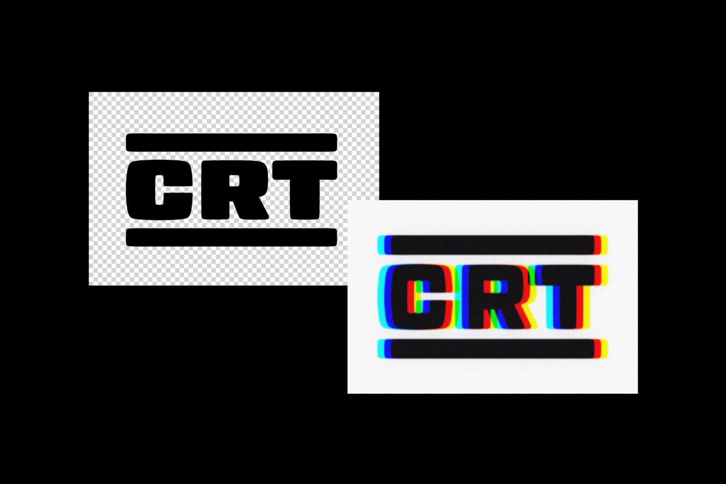 CRT glitch font with bold black letters on transparent backdrop, colorful scanline effect