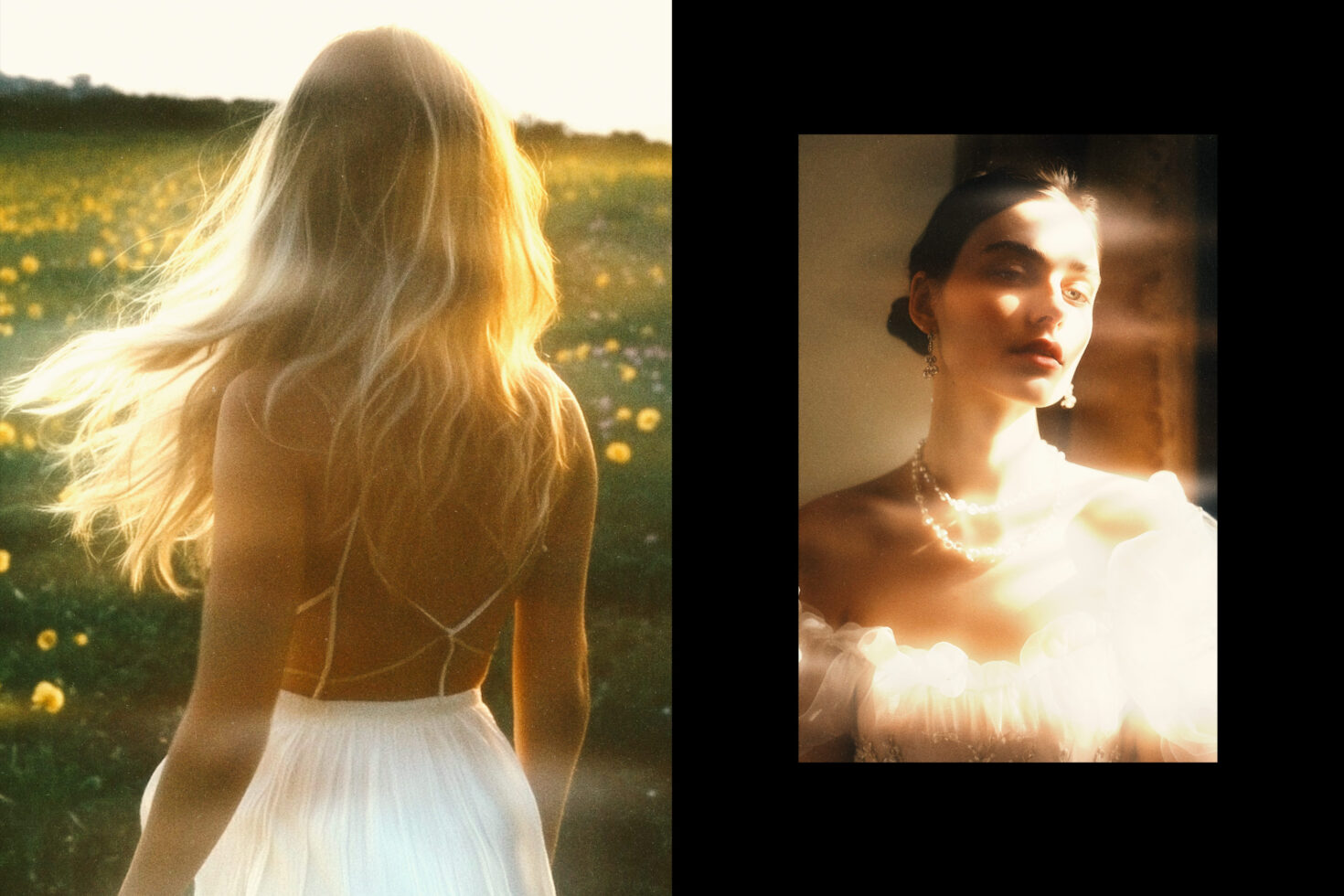 Woman in white skirt with long blonde hair in golden field, split with studio portrait