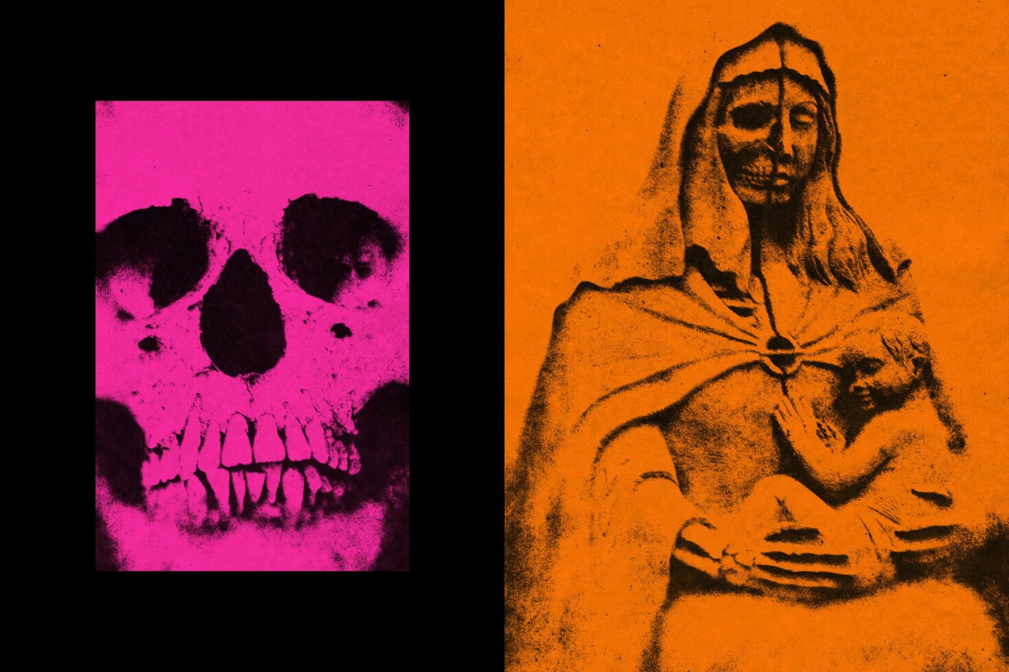 Split screen with magenta skull on left, orange hooded figure on right