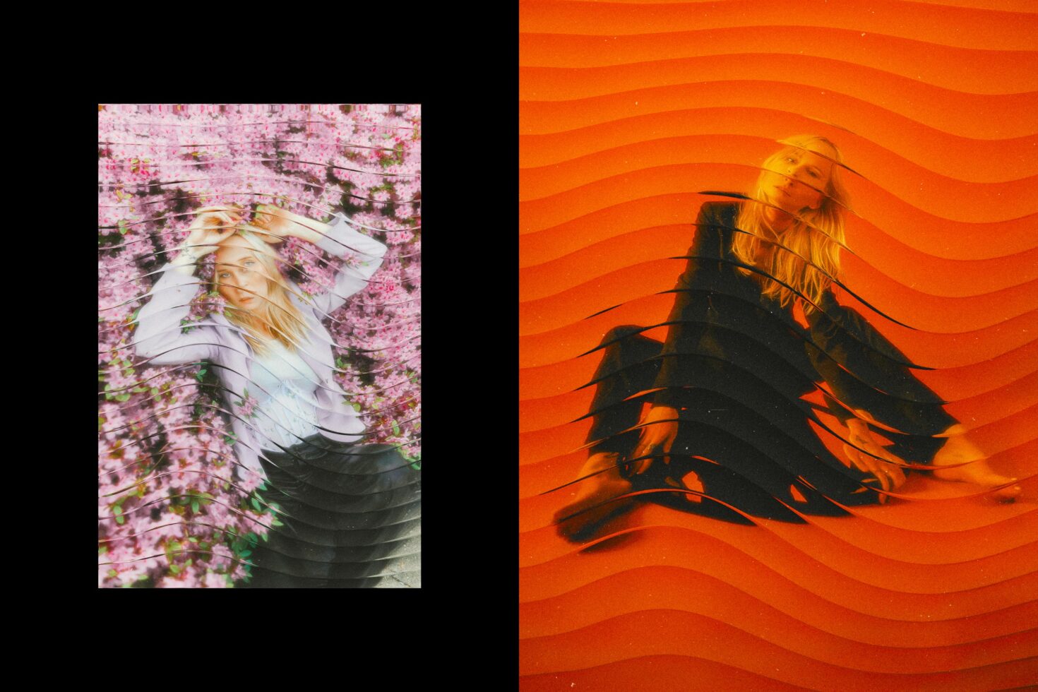 Split: pink florals with motion blur left, orange silhouette right