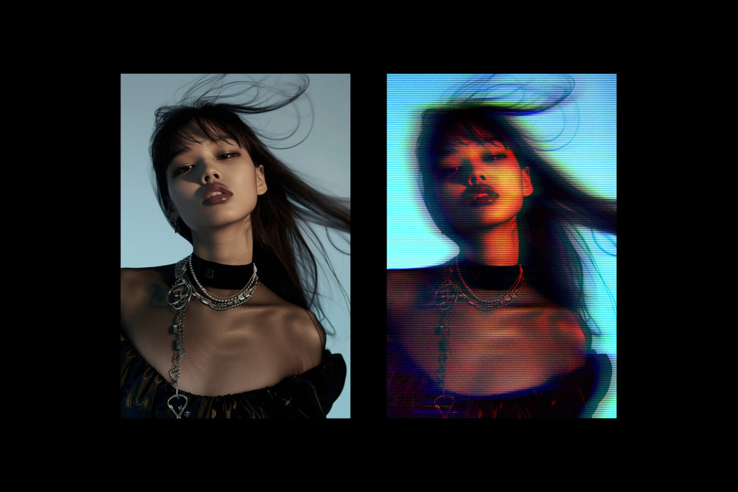 Portrait split showing clean shot vs glitchy RGB color shift version
