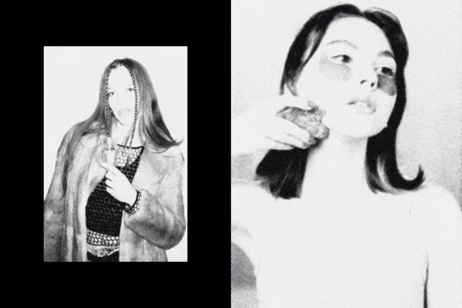 Split screen halftone portraits showing before, after with dotted pixelated texture