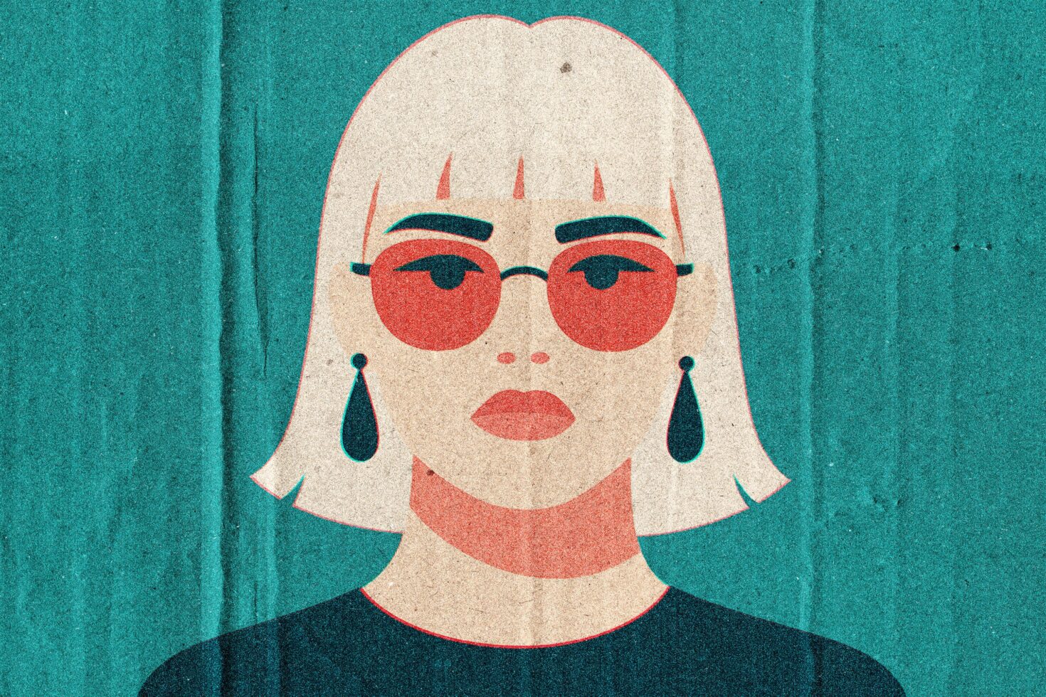 Minimalist illustration of woman with red round glasses white hair drop earrings