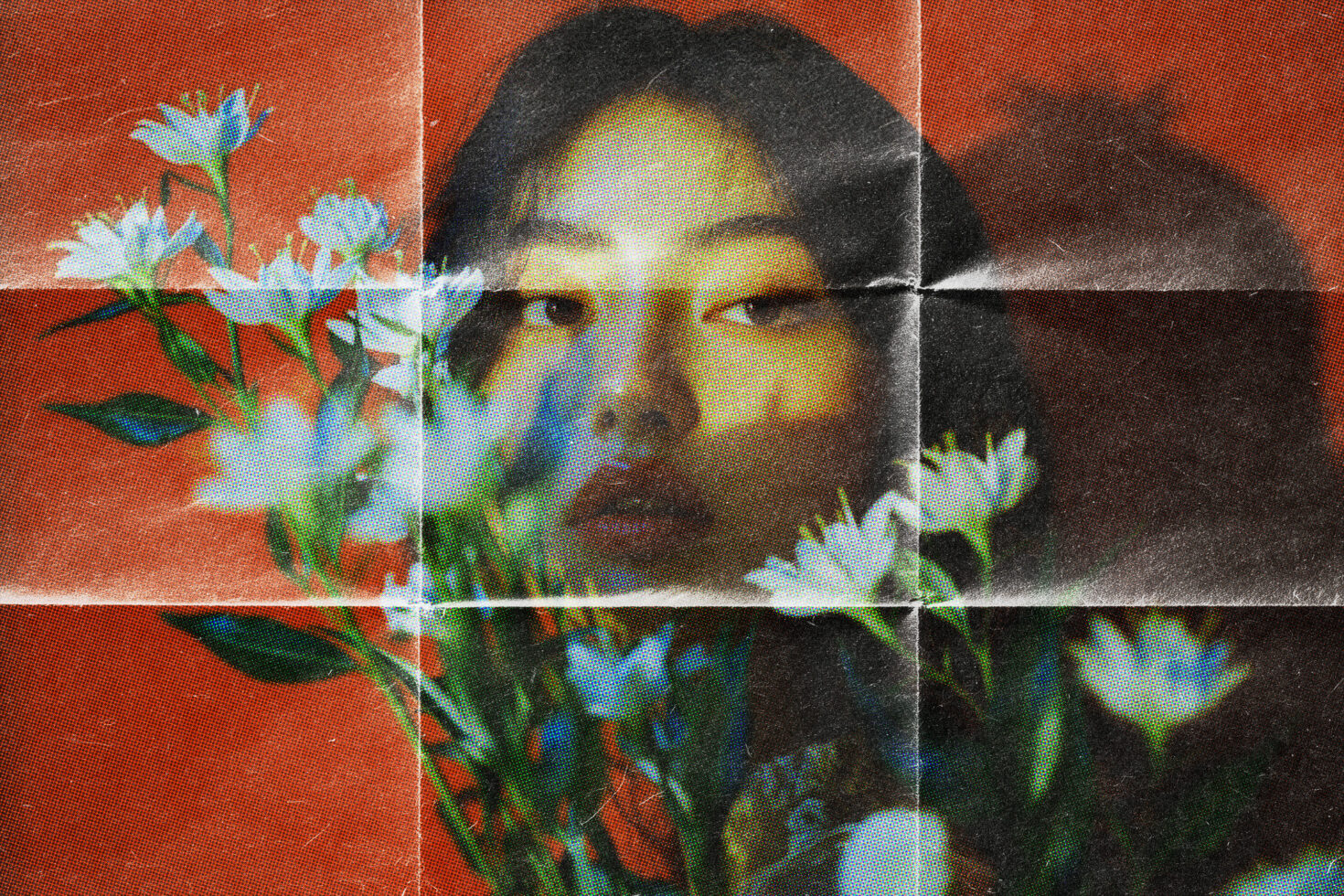 Portrait layered with blue flowers, red background, horizontal scan lines