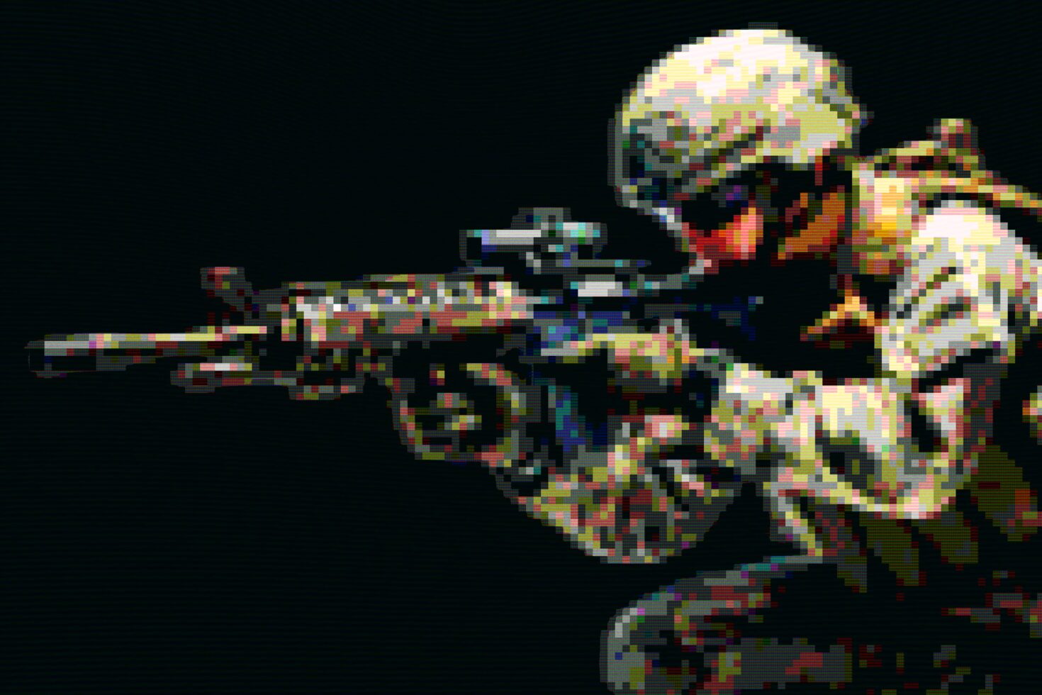 Pixelated soldier character holding rifle with camouflage uniform