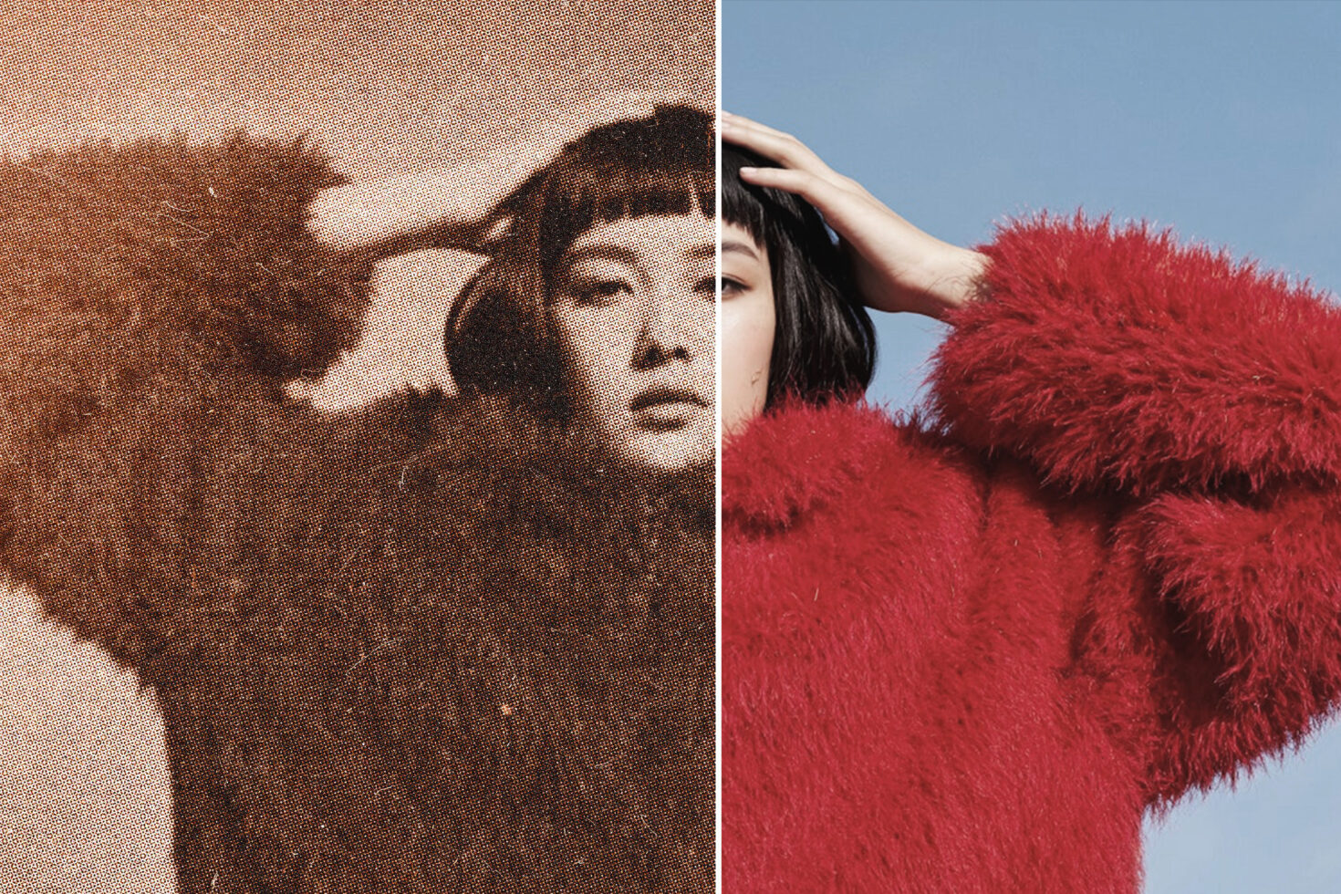 Pixelated halftone portrait split with fluffy red fur coat, retro grain overlay