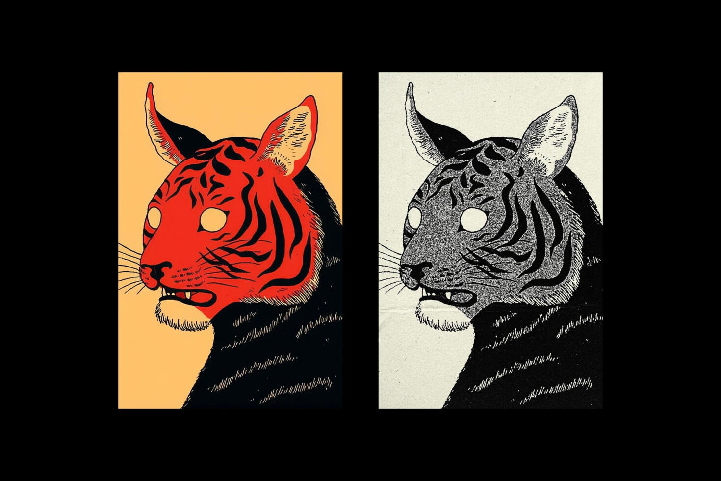 Bold red tiger head illustration compared to engraved line art version