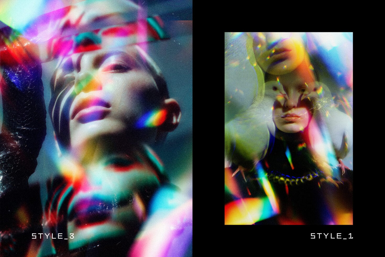 Split-screen portraits with prismatic light refraction casting colored streaks across faces