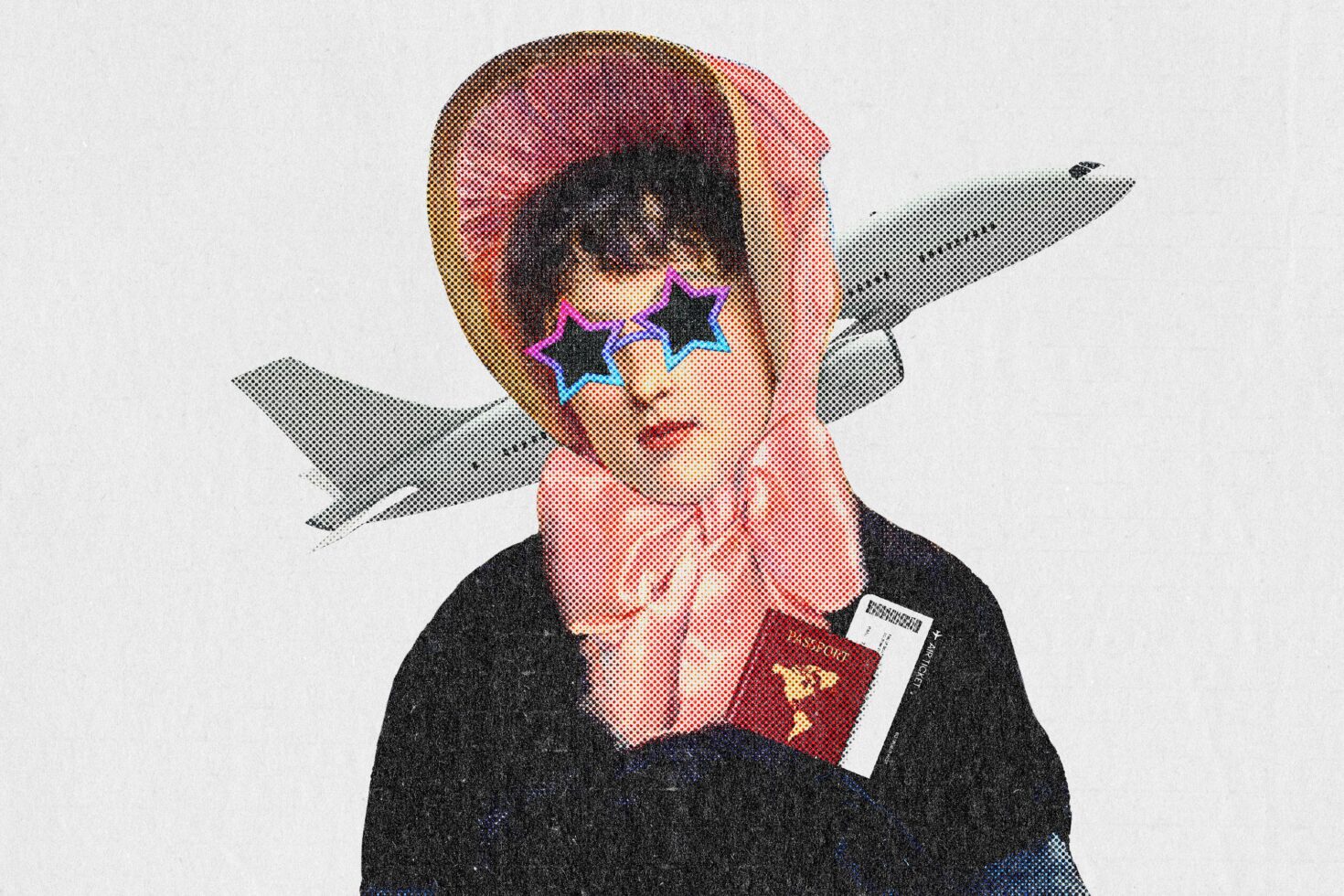 Halftone portrait of person with colorful star-shaped glasses holding travel passport
