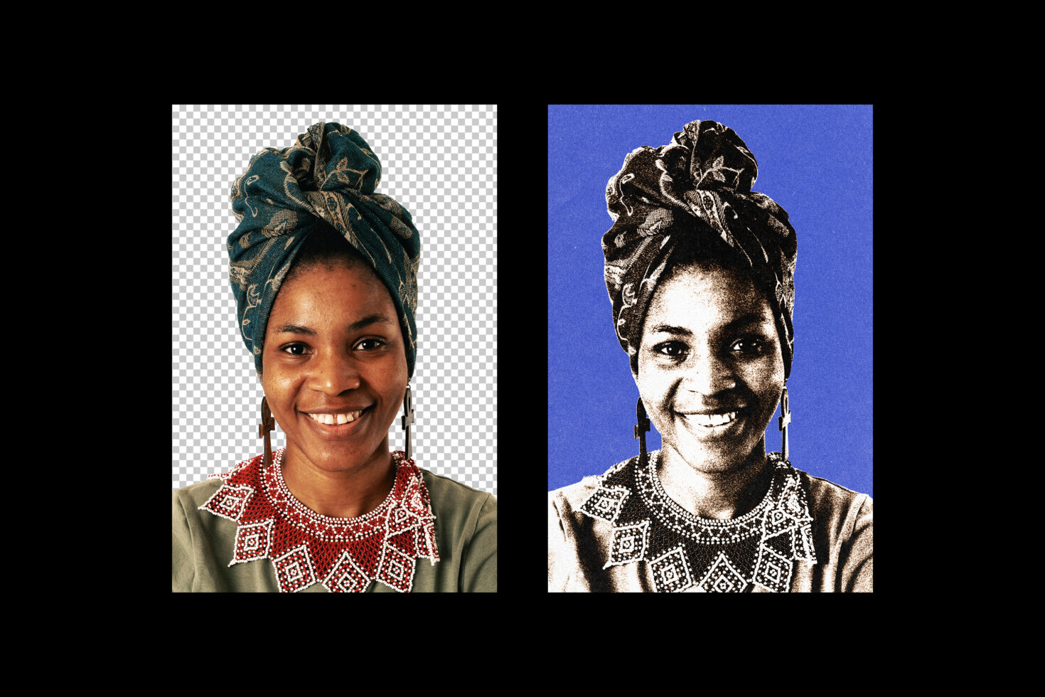 Portrait photo split into two versions, one in color one as high contrast print with bold shapes