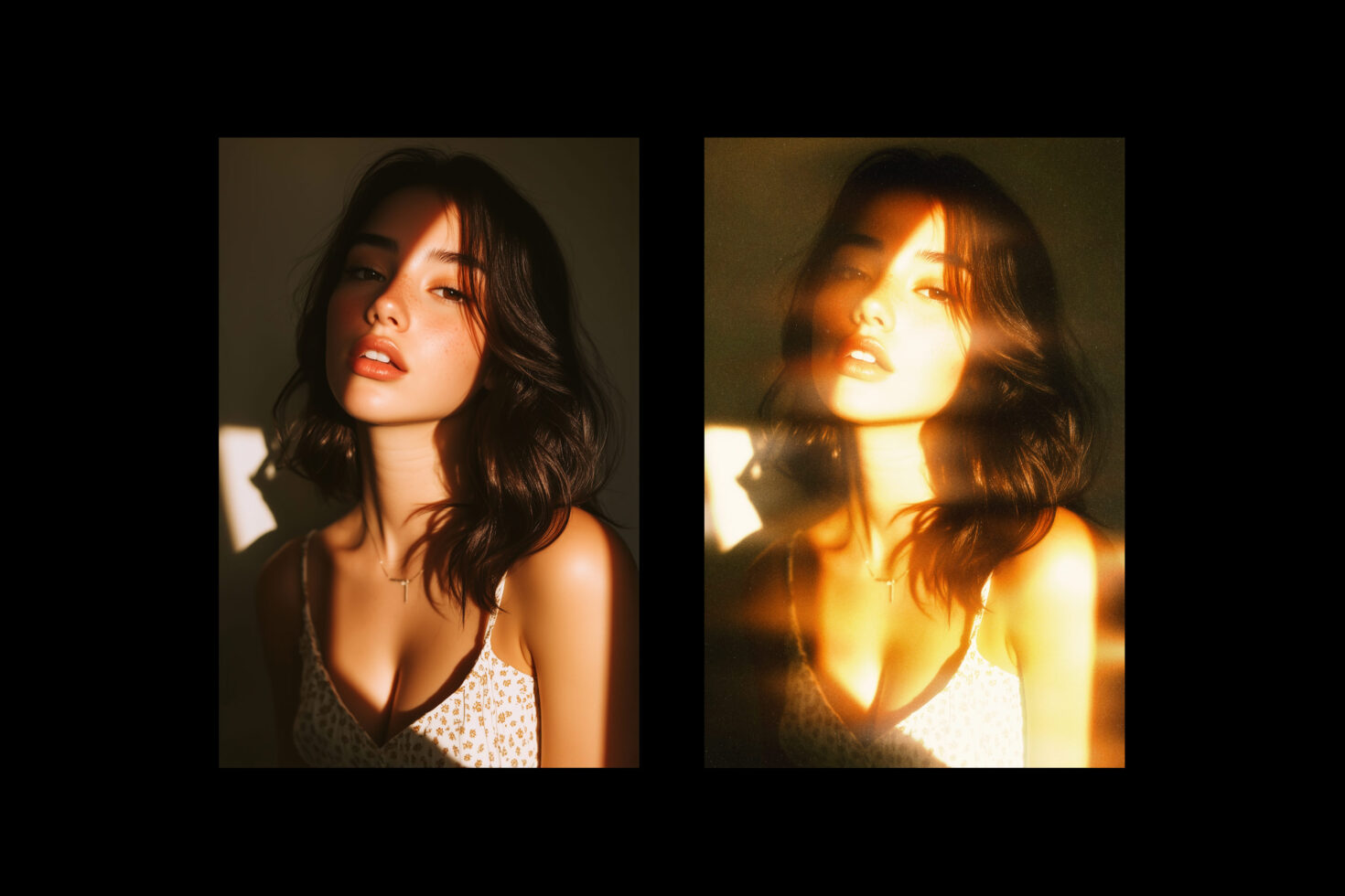 Before after portrait comparison showing different color grading light effects