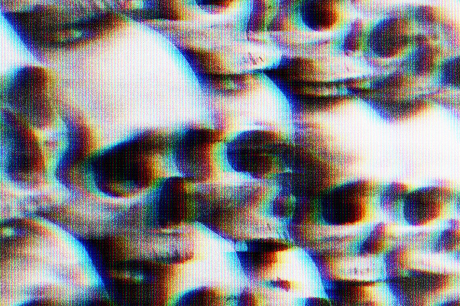 Extreme close-up mouth with heavy scanline texture, rainbow chromatic aberration, distorted pixel effect