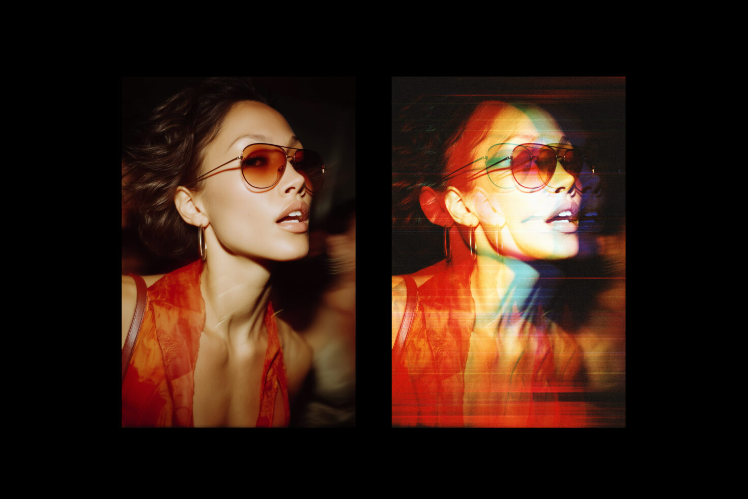 Woman in orange jacket with glitch effect, rainbow light refraction on face with sunglasses