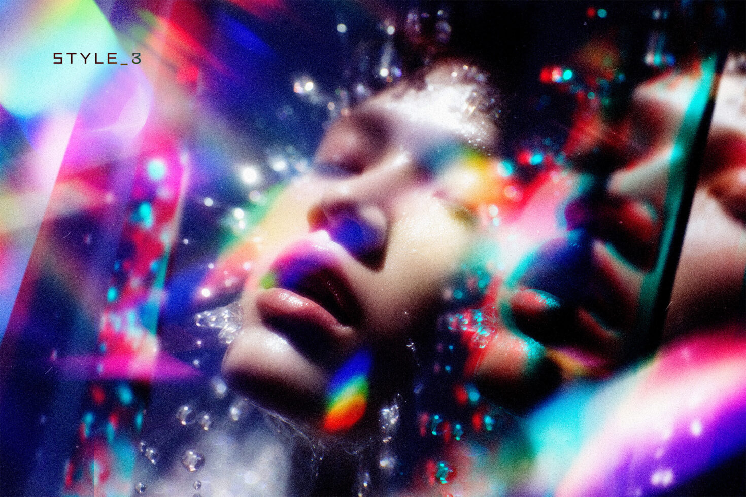 Close-up portrait with rainbow light leaks, sparkles, blurred colorful bokeh effect