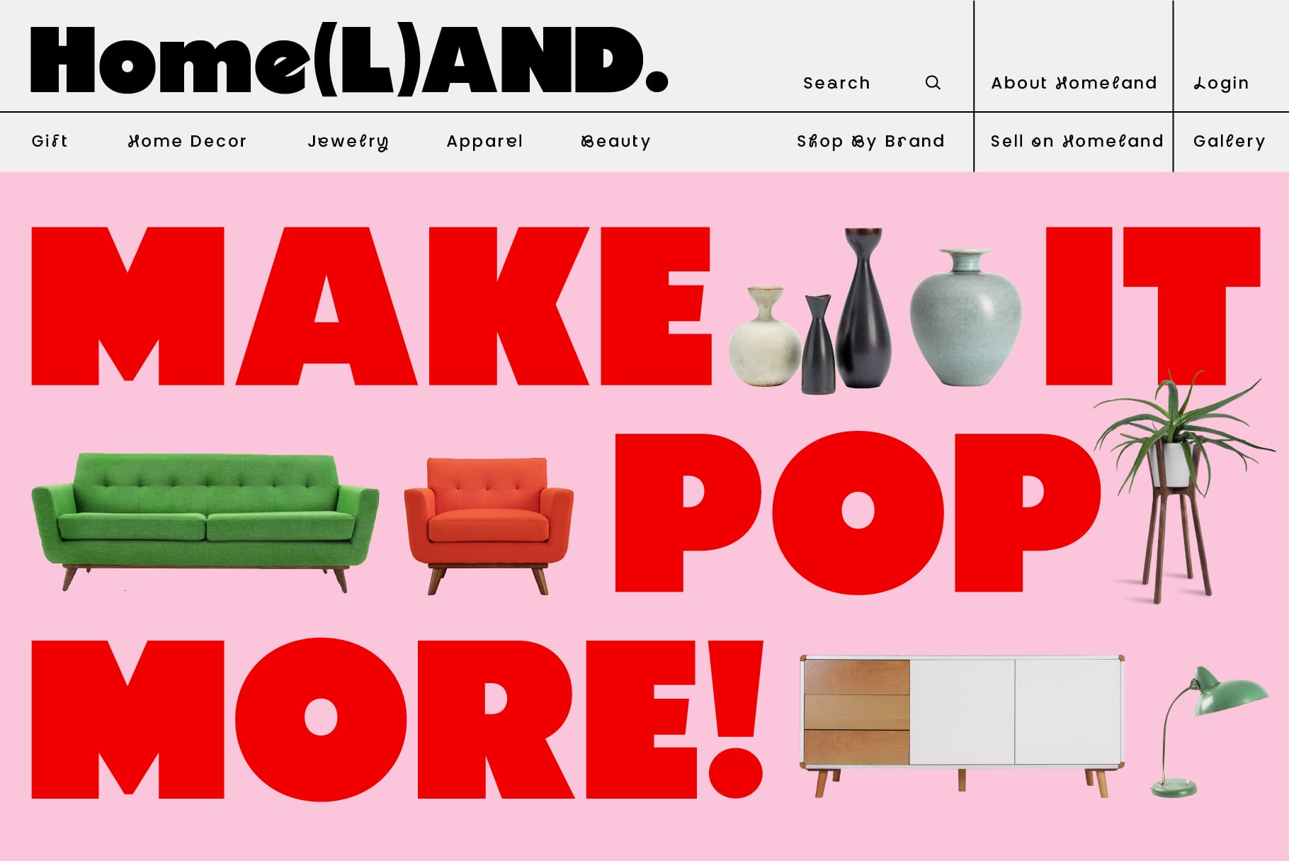Home decor website mockup with red text on pink background