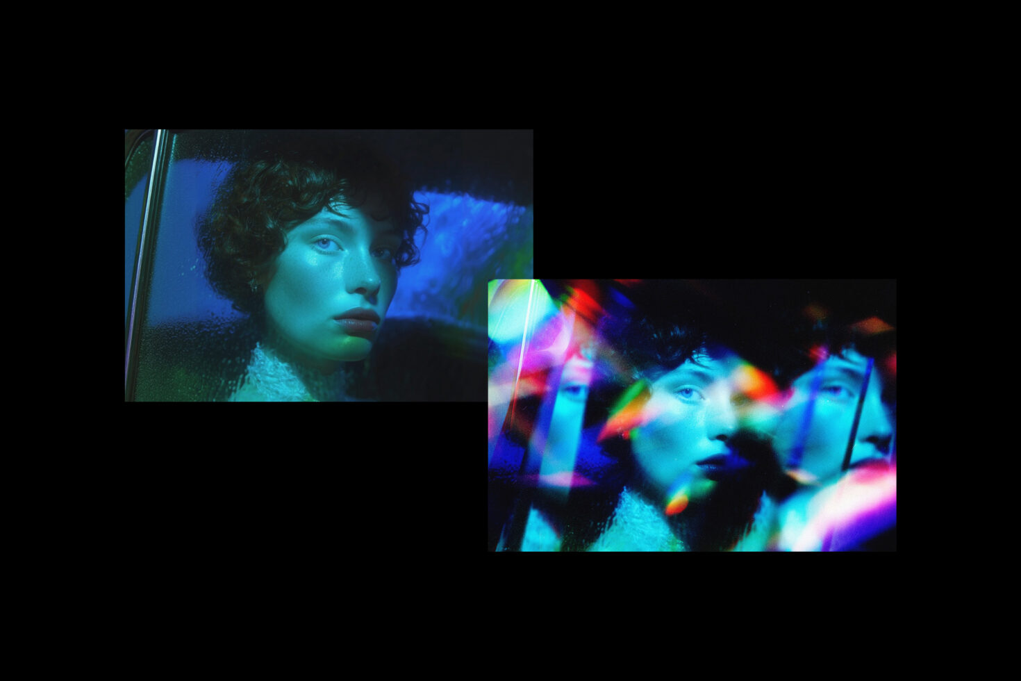 Photo of person with blue tinted overlay next to colorful light prism effect version