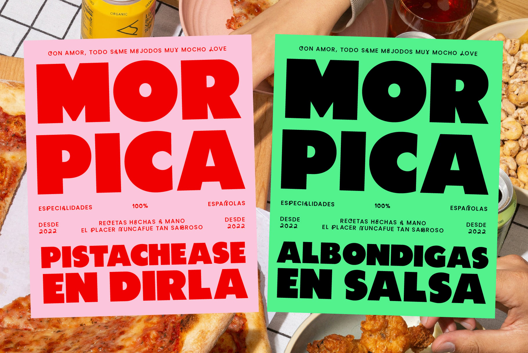 Two bold posters with Spanish food text on pink green backgrounds