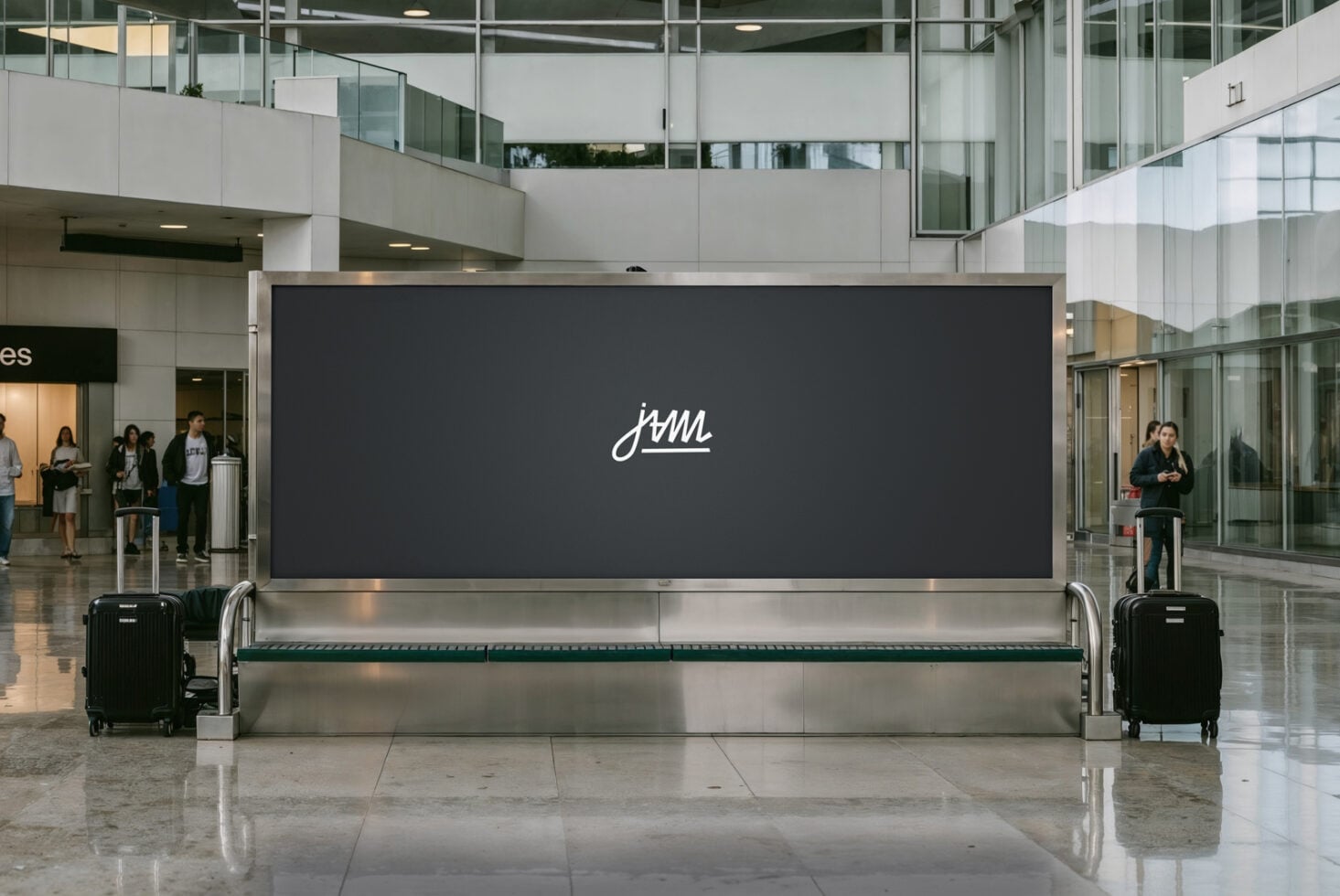 Dark billboard with white script logo centered in modern transit station hall