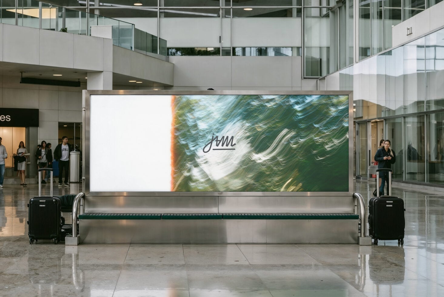 Wide transit station billboard showing nature image with script logo overlay