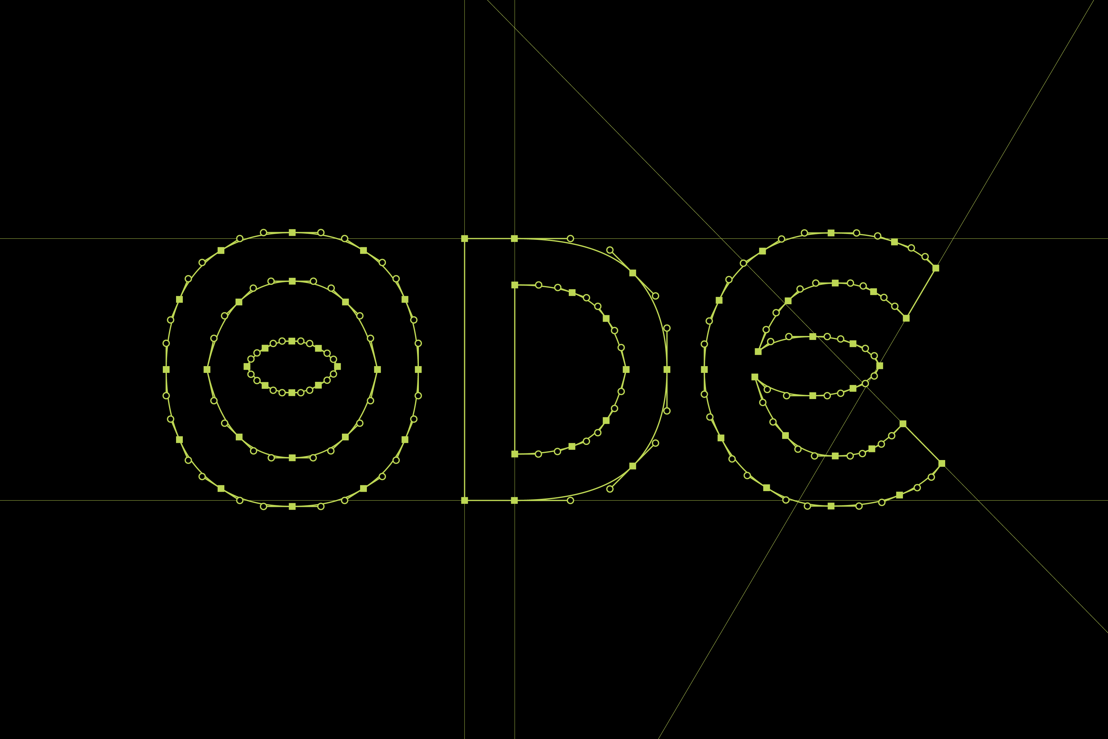 Geometric font outline showing construction guides in yellow