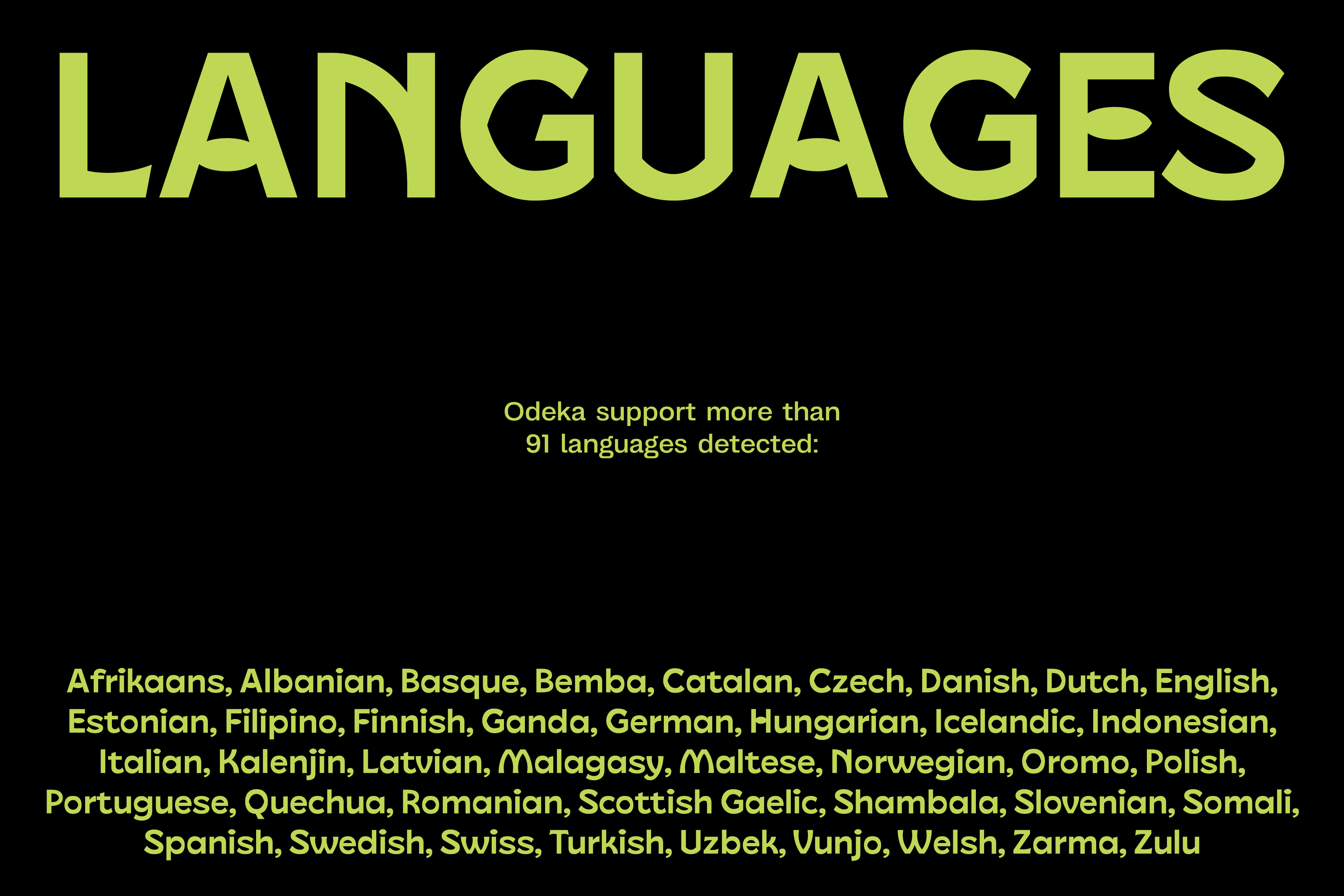 Odeka supports 91 languages list on black background