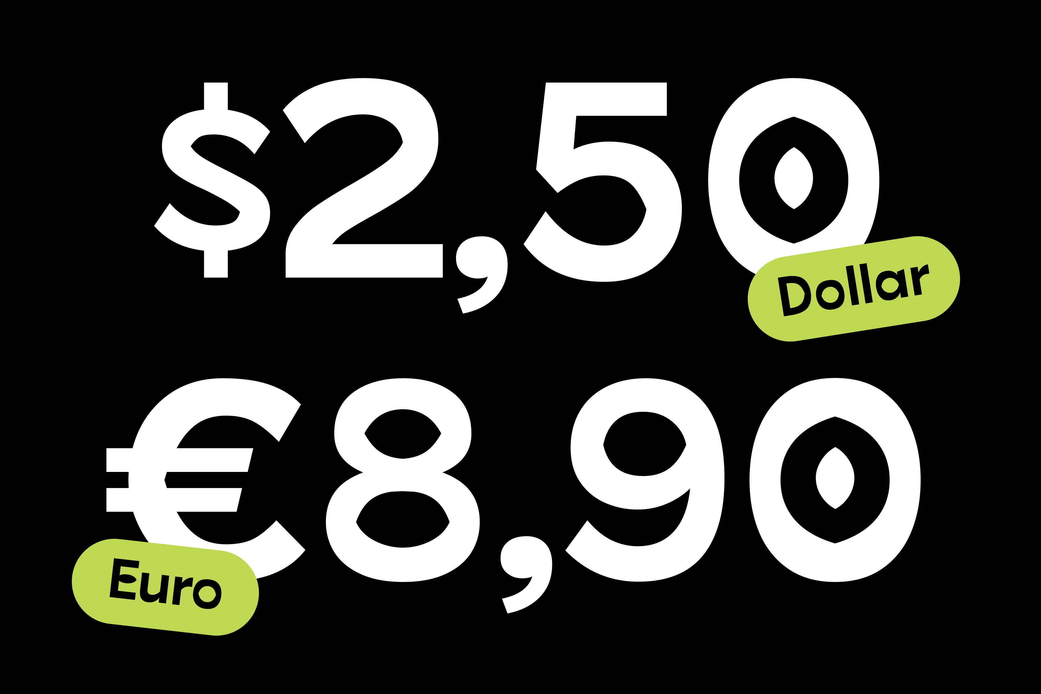 Pricing display showing $2.50 dollar, €8.90 euro with lime labels