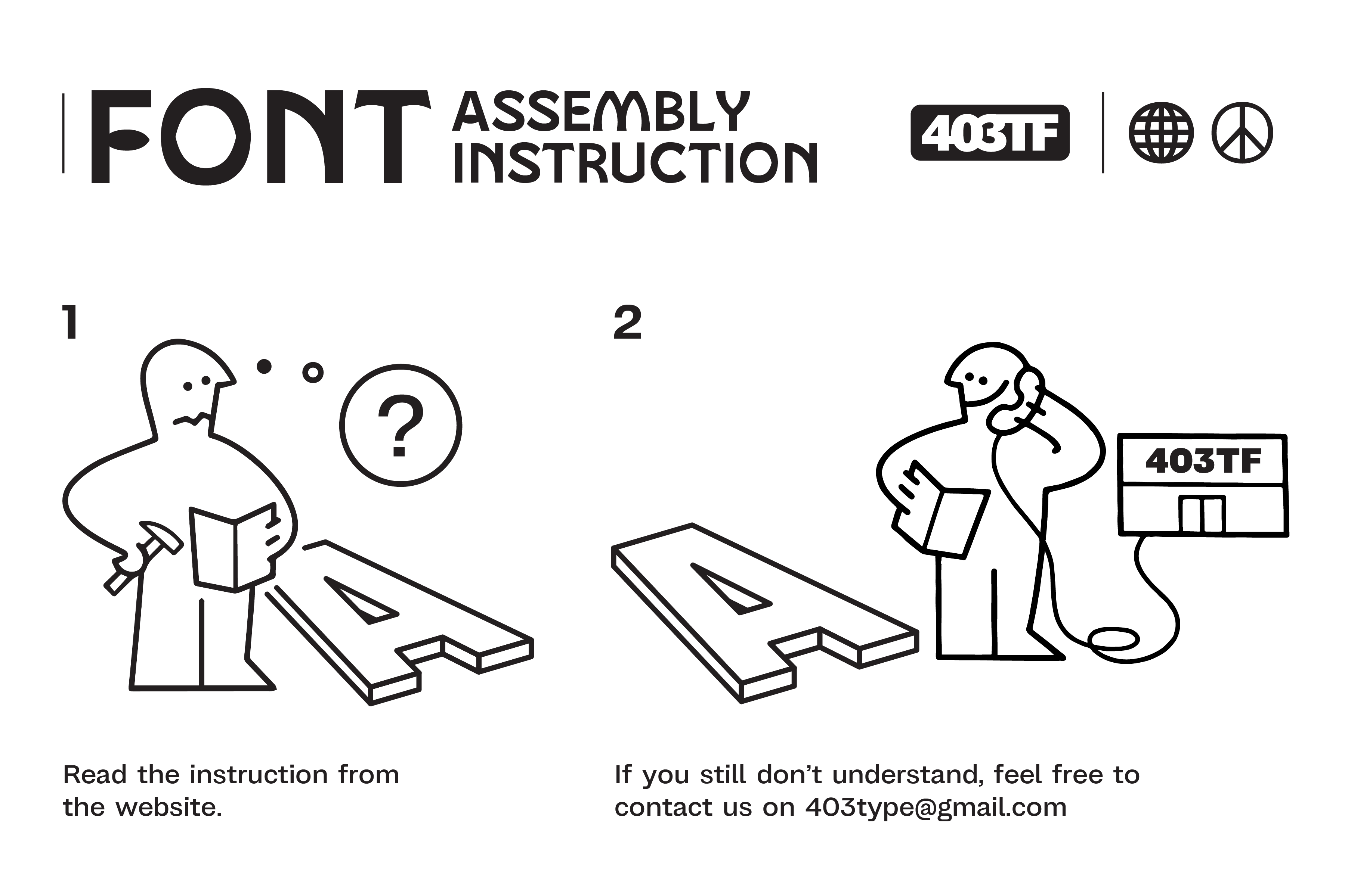 403TF font assembly instruction guide with cartoon characters
