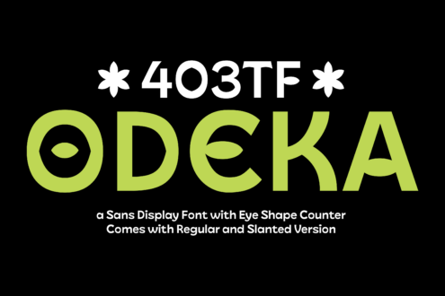 Odeka display font in lime green with eye symbols, regular plus slanted versions