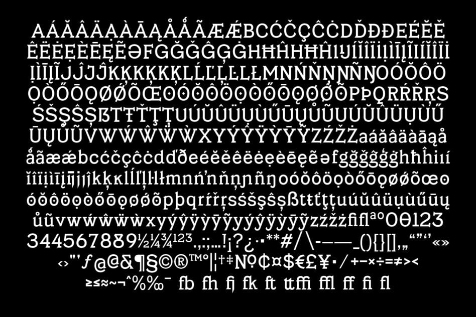 Extended character set showing accents, symbols, numerals, ligatures