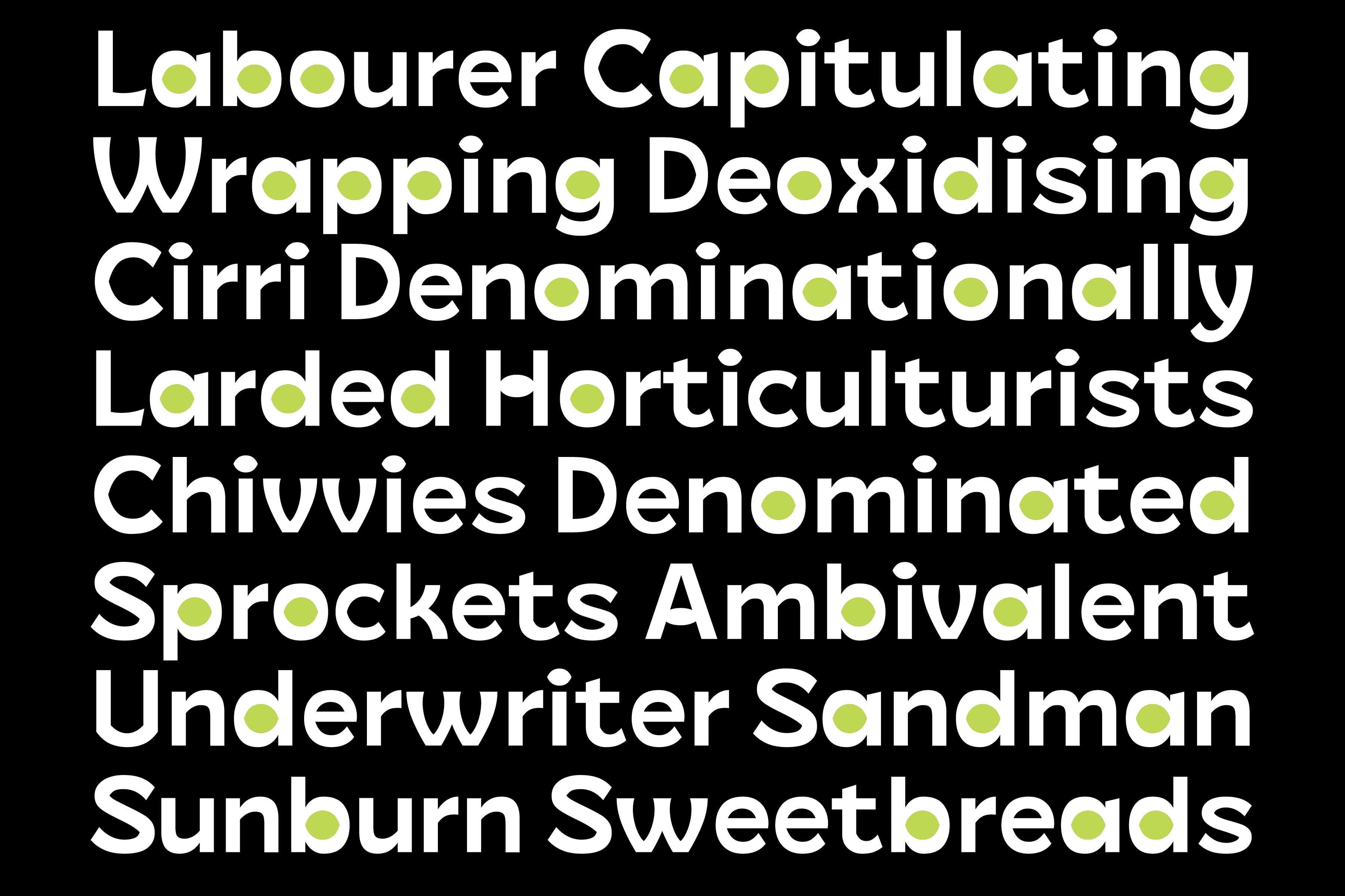 Odeka font cycling through complex words with highlighted letter spacing